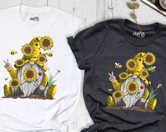 Gnome Shirt, Sunflower Gnome Shirt, Bee Gnome Shirt, Gnome Peace Sign Shirt, Funny Gnome Shirt, Spring Gnome Tee, Cute Bee Gnome Shirt