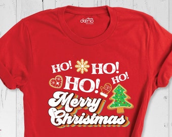 Camiseta navideña "Ho Ho Ho Ho", atuendo navideño, camiseta de Feliz Navidad, camiseta de fiesta navideña, camisetas navideñas con corazón, copo de nieve y pino.