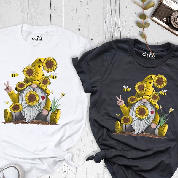 Gnome Shirt, Sunflower Gnome Shirt, Bee Gnome Shirt, Gnome Peace Sign Shirt, Funny Gnome Shirt, Spring Gnome Tee, Cute Bee Gnome Shirt