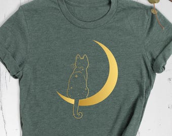 Camiseta de gato en la luna, camiseta de gato celestial, camiseta de regalo para gato campista, camiseta de mamá gata, camiseta para amantes de los gatos, camiseta moderna para dueños de gatos, camiseta de gato y luna.