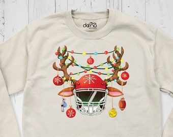 Christmas Football Horn Sweatshirt, Sports Team Christmas Lights Long Sleeve Shirt, Football Santa Hat Xmas Hoodie, Christmas Game Day Shirt