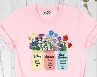 Custom Mothers Day Flowers Shirt Mom Grandma Great Grandma Tee, Personalized Name Floral Jar Shirt, Grandma Shirt with Children Name