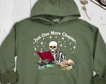 Just One More Chapter Skeleton Hoodie, Funny Book Lover Sweatshirt, Men Skeleton Reader and Coffee Long Sleeve Shirt, Reading Bookish Tshirt