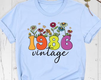 Flower Vintage 1986 Shirt 40th Birthday Party Tee, Colorful Wildflower Birthday Tshirt, Woman Floral Birthday Shirt, Custom Bday Year Tee
