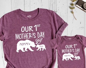 Our 1st Mothers Day Shirt, Mama and Baby Matching Shirt, First Mothers Day Tshirt, Custom Baby Name Outfit, Mommy Bear and Mini Bear Shirt