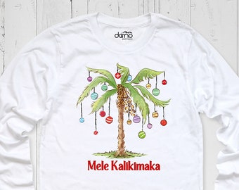 Mele Kalikimaka Palm Tree Christmas Long Sleeve Shirt, Tropical Summer Family Holiday Christmas Party Sweatshirt, Xmas Tree Ornaments Tshirt