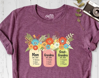 Mom Grandma Great Grandma Shirt, Custom Grandmother Est Shirt, Personalized Grandma Flower Jar Shirt with Children Names, Mothers Day Tshirt