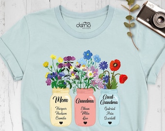 Grandma Shirt, Grandmother shirt, Flower Jar Shirt, Mom Grandma Great Grandma Floral Mothers Day Tshirt Grandma Shirt with Children Name