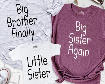 Camisetas para hermanos para anunciar el tercer bebé, anuncio del tercer bebé, camiseta "Hermana mayor otra vez", camiseta "Hermano mayor por fin", camiseta a juego para hermanos