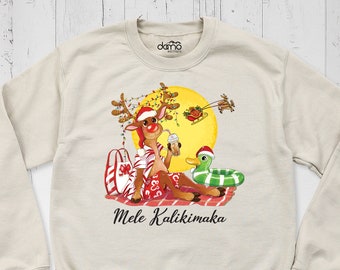Mele Kalikimaka Reindeer Beach Christmas Sweatshirt, Summer Tropical Family Holiday Vacation Christmas Long Sleeve Shirt, Hawaii Xmas Shirt