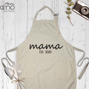 Mama EST Apron Custom Kitchen Apron for Women, Mothers Day Apron, Grandma Cooking Apron, Personalized Mom Apron with pocket