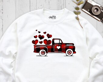 Valentines Retro Buffalo Plaid Red Truck Sweatshirt, Buffalo Plaid Hearts Long Sleeve Shirt, Vintage Red Truck Cute Women Valentine Hoodie