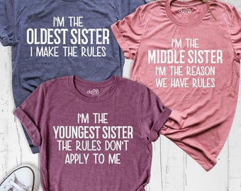 Règles drôles de frères et soeurs chemises t-shirt assorti, aînée cadette moyenne, t-shirts d'anniversaire de soeur, chemise cadeau pour frères et sœurs, tenues de frères et sœurs