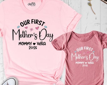 Our First Mothers Day Shirt, Mommy and Baby Matching Shirt, Custom Baby Name Mom And Mini Outfit, Family 1st Mothers Day Matching Mama Shirt
