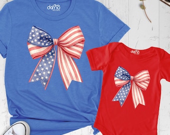 Coquette American Flag Bow Shirt 4th of July Mama Mini Shirt, Patriotic Mommy and Me USA Flag Shirt, Mothers Day Shirt, Independence Day Tee