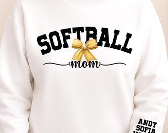 Softball Mom Sweatshirt Game Day Hoodie, Mothers Day Children Names Shirt, Softball Bow Hoodie, Women Softball Shirt
