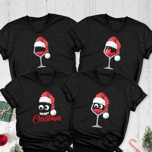 Santa Hat Red Wine Glass Matching Christmas Shirt, Christmas Party Tee, Custom Christmas Wine Lover Drinking Tshirt, Christmas Couple Outfit