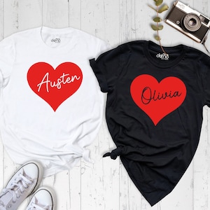 Valentine Day Custom Name Heart Shirt, Personalized Valentine Couple Matching Red Heart Tee, Wedding Anniversary Cute Heart Wife Husband Tee