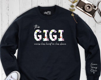 This Gigi Wears Her Heart On Her Sleeve Sweatshirt, Custom Mothers Day Heart Hoodie, Personalized New Grandma Long Sleeve Shirt, Nana Tshirt