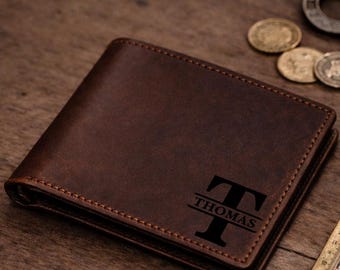 Custom Engraved Men Leather Wallet Slim RFID Blocking Bifold Personalized Monogram Dad Wallet, Anniversary or Fathers Day Gift for Him