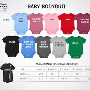 The image is a color chart for baby bodysuits, displaying various colors and corresponding measurements for different age groups.