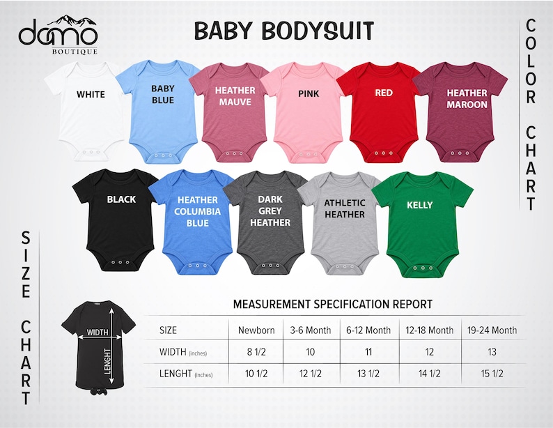 The image is a color chart for baby bodysuits, displaying various colors and corresponding measurements for different age groups.
