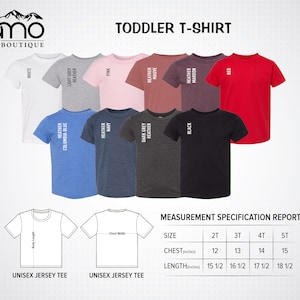 Puede incluir: Tabla de tallas de camiseta para ni&ntilde;os peque&ntilde;os con medidas en pulgadas. La tabla muestra diferentes opciones de color para la camiseta, incluyendo blanco, gris claro jaspeado, azul columbia jaspeado, azul marino jaspeado, rosa, gris oscuro jaspeado, malva jaspeado, granate jaspeado, negro y rojo.