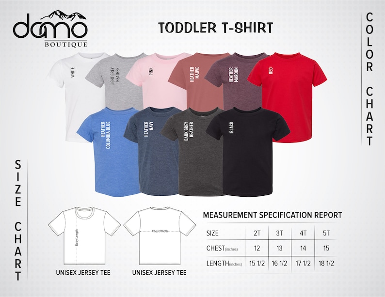 Puede incluir: Tabla de tallas de camiseta para ni&ntilde;os peque&ntilde;os con medidas en pulgadas. La tabla muestra diferentes opciones de color para la camiseta, incluyendo blanco, gris claro jaspeado, azul columbia jaspeado, azul marino jaspeado, rosa, gris oscuro jaspeado, malva jaspeado, granate jaspeado, negro y rojo.