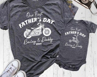 Camisetas para el primer día del padre, camisetas para papá, motocicleta, bebé, triciclo, camisetas personalizadas para papá y yo, atuendo personalizado a juego para nuevo papá y bebé.