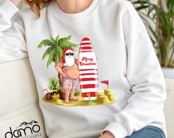 Christmas Beach Sweatshirt Xmas Palm Tree Tee Surfing Santa Shirt, Tropical Christmas Shirt, Merry Christmas Tee, Hawaiian Holiday Hoodie