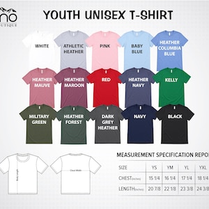 The image is a color chart for a youth unisex t-shirt, displaying various color options and corresponding measurements.