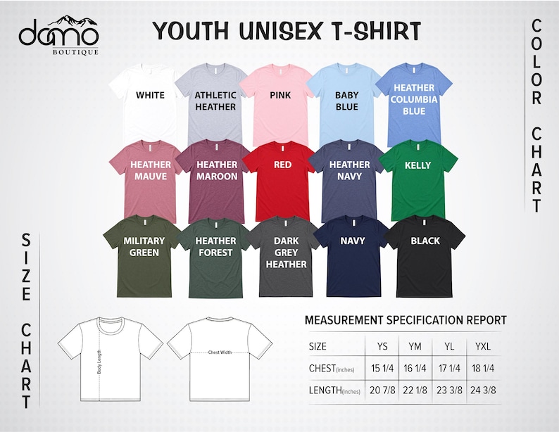 The image is a color chart for a youth unisex t-shirt, displaying various color options and corresponding measurements.
