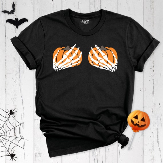 Skeleton Hand Bra Pumpkin Shirt, Halloween Party Shirt, Funny Halloween  Shirt, Hand Bra Shirt, Women Halloween Shirt, Pumpkin Skeleton Shirt 