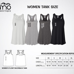 May include: Size chart for women's flowy racerback tank tops. The chart shows measurements in inches for chest and length in sizes XS, S, M, L, XL, and 2XL. The tank tops are shown in white, athletic heather, dark grey heather, and black.