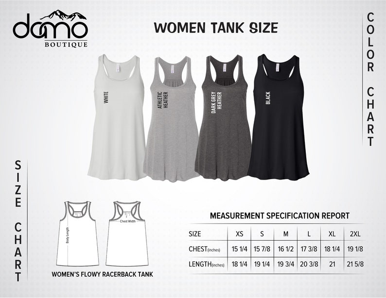 May include: Size chart for women's flowy racerback tank tops. The chart shows measurements in inches for chest and length in sizes XS, S, M, L, XL, and 2XL. The tank tops are shown in white, athletic heather, dark grey heather, and black.
