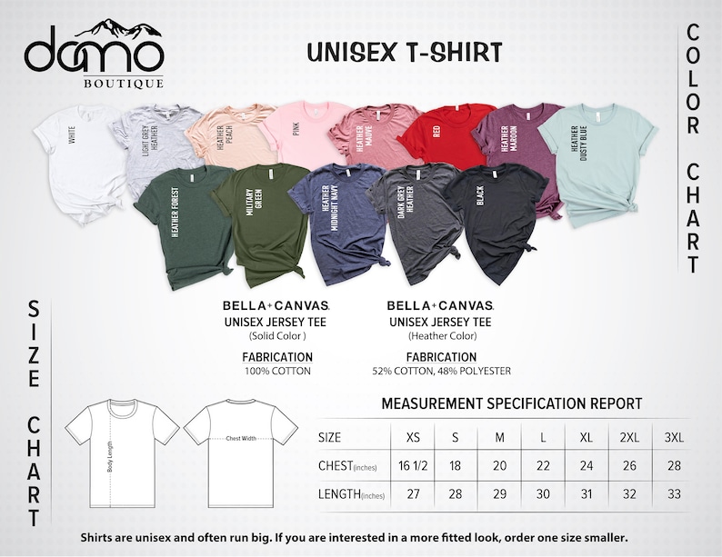 May include: A colour chart for unisex t-shirts, displaying shades such as white, pink, and black. The chart includes size and measurement specifications, with chest measurements ranging from 42 to 71 cm and lengths from 69 to 84 cm.