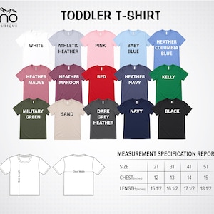 The image is a color chart for a toddler t-shirt, displaying various color options and corresponding sizes.