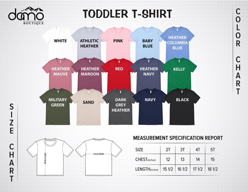 The image is a color chart for a toddler t-shirt, displaying various color options and corresponding sizes.
