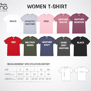 The image is a color chart for women's t-shirts, displaying various color options and corresponding sizes.