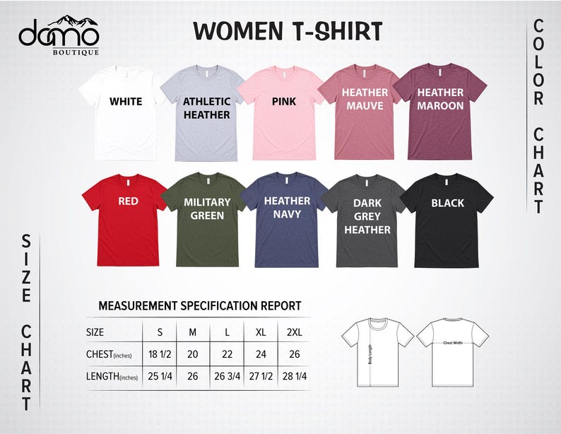 The image is a color chart for women's t-shirts, displaying various color options and corresponding sizes.