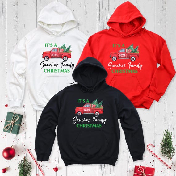 Christmas Family Hoodie Xmas Red Truck Holiday Tee, Custom Family Name Matching Sweatshirt, Farmer Christmas Tee, Christmas Gift Hoodie