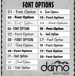 以下が含まれることがあります： 「FONT OPTIONS」というタイトルのグレーのチャートで、20種類の番号付きフォントスタイルが「Font Option」というテキストで表示されています。太字のサンセリフ体から筆記体まで多様なレタリングデザインがリスト化されており、下部にはDamo Boutiqueのロゴが配置されています。