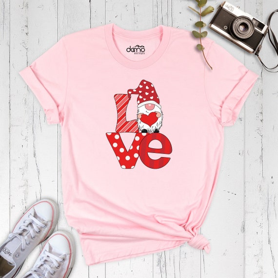 Women's Valentine's Day Gnome T-Shirt - Cute Heart Printed Short Sleeve Graphic Tee, Small White