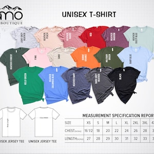 May include: A selection of unisex t-shirts in a range of colours, such as white, pink, and blue. The image includes a size chart with chest and length measurements in inches, and the text "Dano Boutique".