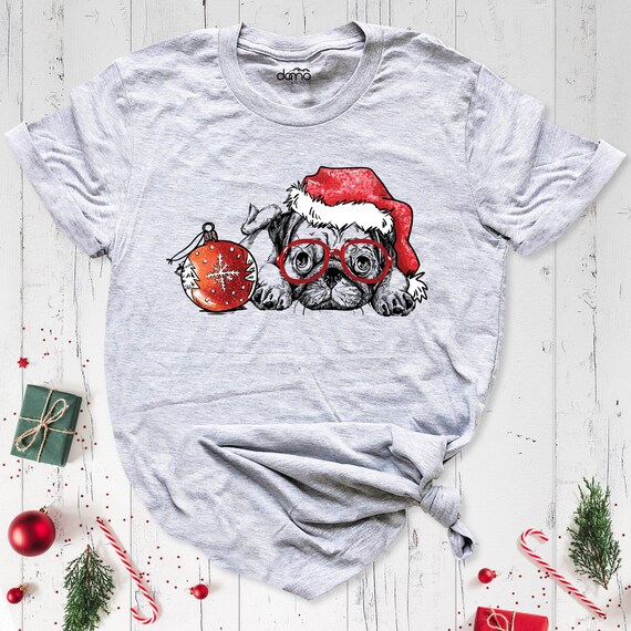 Christmas Pug Dog Shirt, Santa Claus Dog Christmas Tshirt, Christmas Party Tees, Puppy Christmas Clothing, Xmas Lights Tee, Dog Mom Shirt