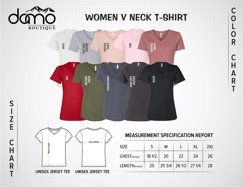 Puede incluir: Una tabla de tallas para camisetas de cuello en V para mujeres con medidas en pulgadas. La tabla muestra las medidas de pecho y longitud para las tallas S, M, L, XL y 2XL. La tabla tambi&eacute;n muestra los diferentes colores disponibles para las camisetas, incluyendo blanco, rojo, verde militar, gris claro jaspeado, azul marino jaspeado, melocot&oacute;n jaspeado, rosa, gris oscuro jaspeado, malva jaspeado y negro.