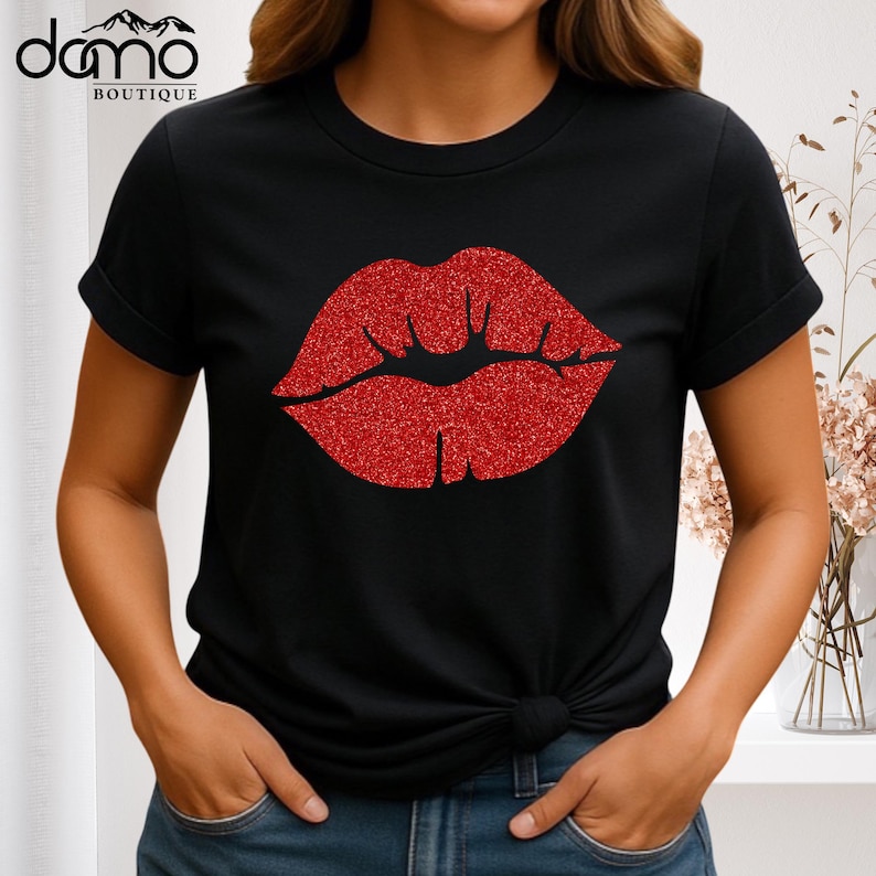 Glitter Red Lips Shirt Kiss Women Tee Valentines Day Tshirt Gift for Her Shirt, Sparkle Lover Shirt, Cute Valentine Tee, Girlfriend shirt bild 11