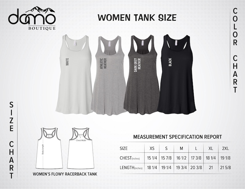 May include: Size chart for a women's flowy racerback tank top. The chart shows measurements in inches for chest and length in sizes XS, S, M, L, XL, and 2XL. The tank top is available in white, athletic heather, dark grey heather, and black.
