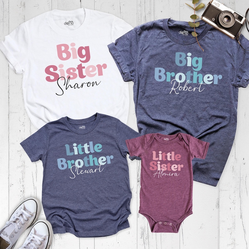 Big Sister Shirt, Big Brother Shirt, Little Sister Tshirt, Little Brother Shirt, Personalized Sibling, Siblings Matching, Baby Announcement image 1