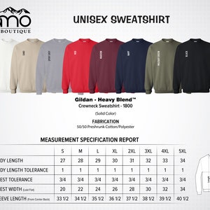 May include: Unisex sweatshirt size chart with measurements in inches. The chart shows the body length, body length tolerance, chest tolerance, chest width, and sleeve length for sizes S through 5XL. The chart is labeled "Gildan - Heavy Blend&trade; Crewneck Sweatshirt - 1800 (Solid Color)" and "FABRICATION 50/50 Preshrunk Cotton/Polyester".